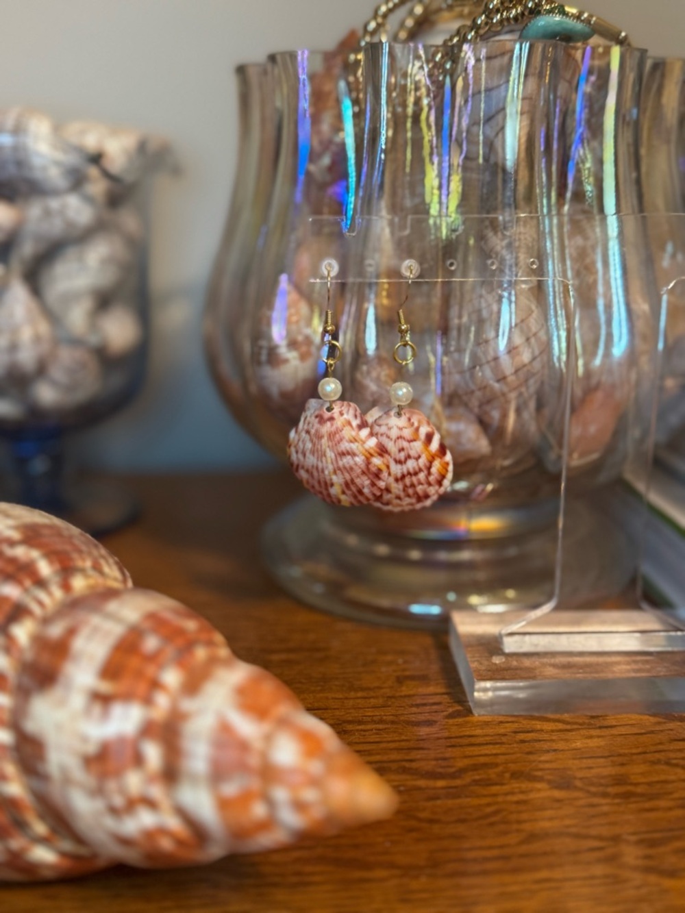 Handmade Orange & Purple Calico Scallop Shell Drop Earrings with Pearl Accent